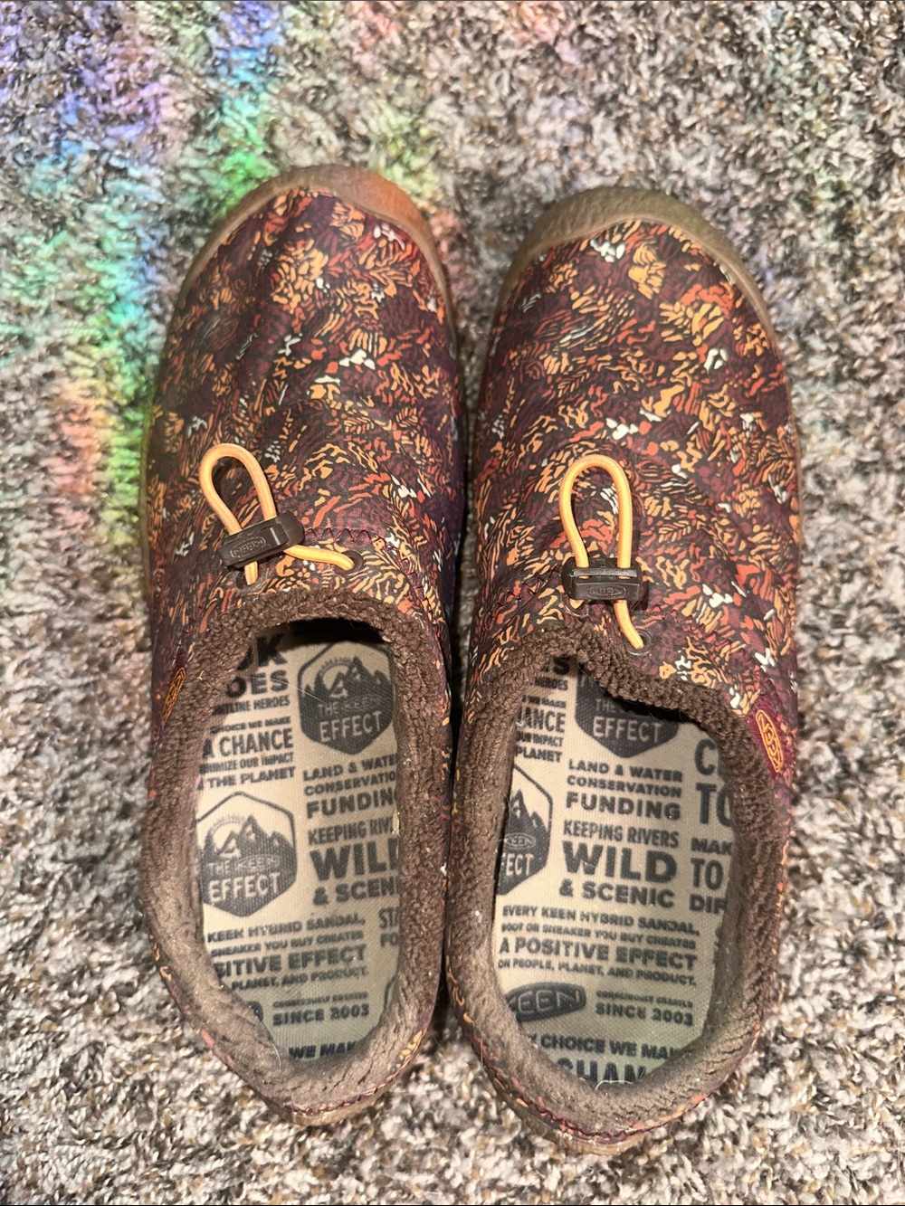 Keen Brown Floral Slip-On Shoes with Orange Accents